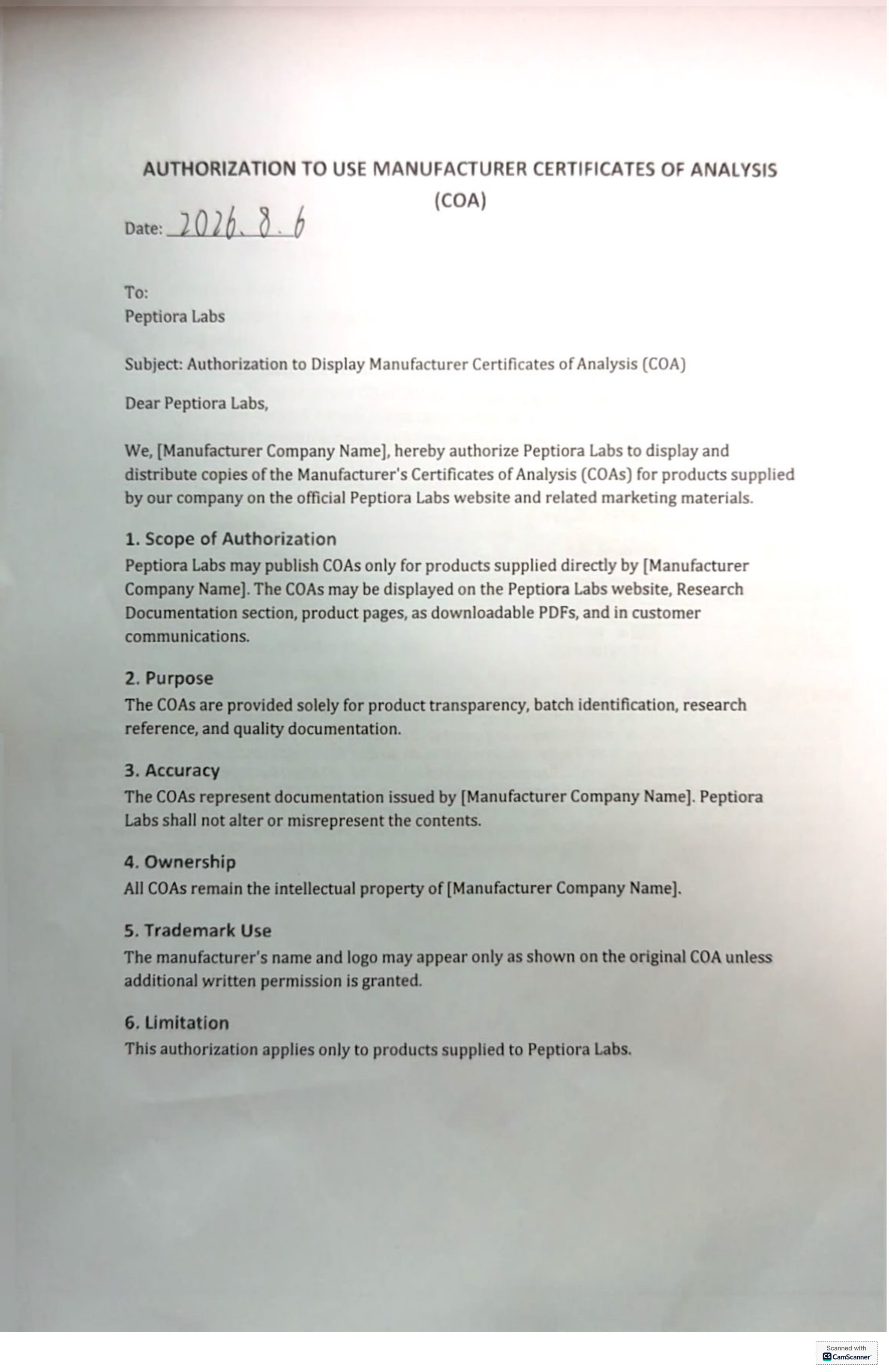 Scanned page 1 of the signed manufacturer authorization letter